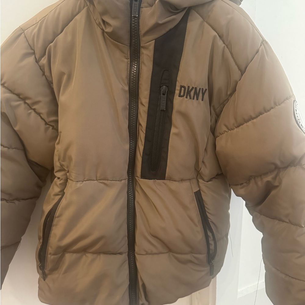 DKNY Brown Puffer Jacket with High Collar